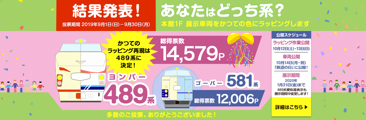 「あなたはどっち系？548系（ゴーパー）vs489系（ヨンパー）。展示車両をかつての色にラッピングします。」結果発表！かつてのラッピング再現は489系に決定！